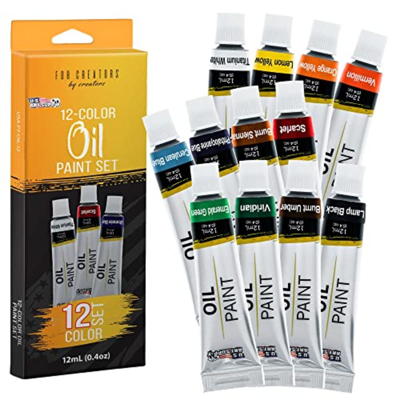 U.S. Art Supply Professional 12 Color Set of Art Oil Paint in 12ml Tubes -  Rich Vivid Colors for Artists, Students, Beginners - Canvas Portrait  Paintings